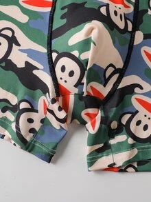 Paul Frank X SHEIN Men's Comfortable Elastic Breathable Camouflage & Monkey Print Patchwork Letter Webbing Boxer Briefs - Army Green - View 4