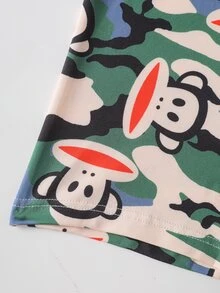 Paul Frank X SHEIN Men's Comfortable Elastic Breathable Camouflage & Monkey Print Patchwork Letter Webbing Boxer Briefs - Army Green - View 6