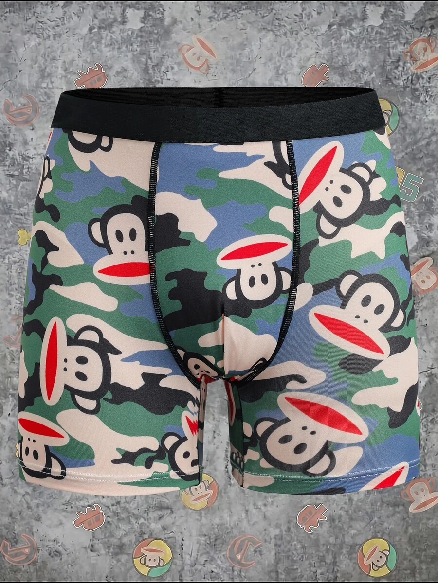 Paul Frank X SHEIN Men's Comfortable Elastic Breathable Camouflage & Monkey Print Patchwork Letter Webbing Boxer Briefs - Army Green - View 1