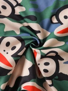 Paul Frank X SHEIN Men's Comfortable Elastic Breathable Camouflage & Monkey Print Patchwork Letter Webbing Boxer Briefs - Army Green - View 7