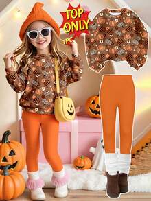 Halloween Outfit For Girls Toddlers, Fashionable Cartoon Brown Base Plaid Leopard Print Creative Pumpkin Design Pattern Print Basic Crew Neck Sweatshirt - Multicolor - View 1