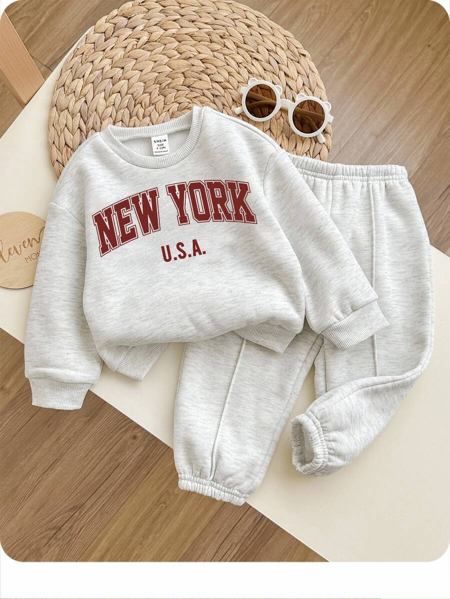 SHEIN Babygirl 可爱灰色字母印花长袖卫衣和裤子套装,秋冬 - 淺灰色 - 查看 1