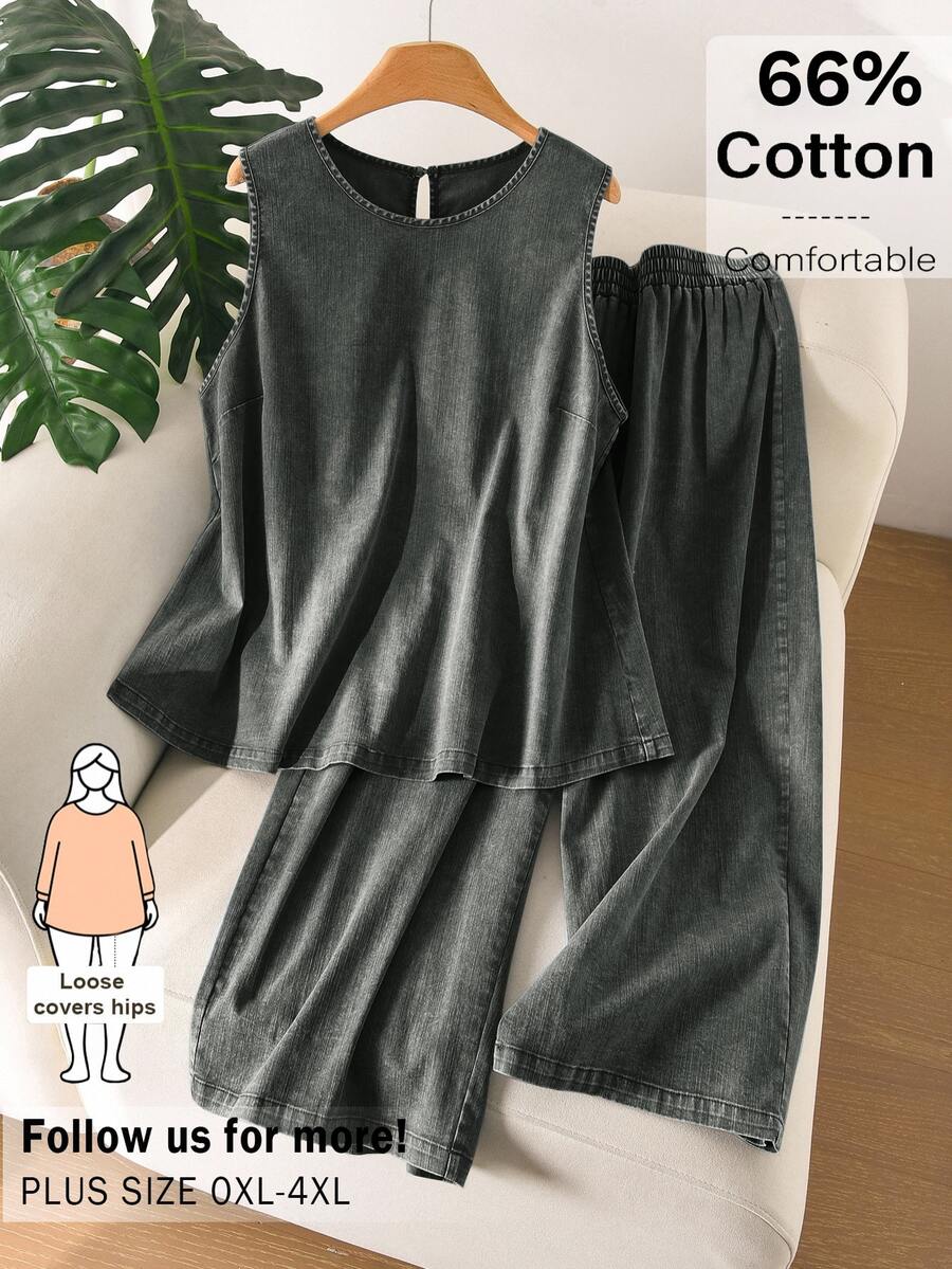 CosyJoli Plus Size Women's Summer Casual Set, Blue Washed Tank Top & Shorts Streetwear Casual Two Pieces Set, Cute Summer Outfit