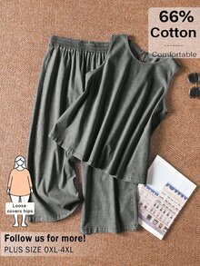 CosyJoli Plus Size Women's Summer Casual Set, Blue Washed Tank Top & Shorts Streetwear Casual Two Pieces Set, Cute Summer Outfit - Grey - View 4