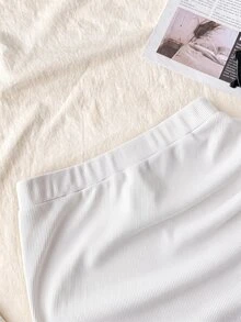 Tween Girl Ribbed Knit Skirt With Slit Hem, High Waist Pleated Slit Thigh Skirt - White - View 3
