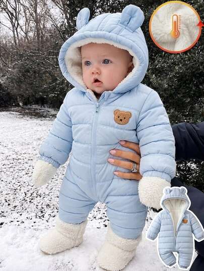 SHEIN Vintaside Kids Baby Boy Infant Toddler 0-3 Years Old Autumn/Winter Casual Daily Versatile Thermal Lined Thick Flannel Plush Bear Ear Hooded One-Piece Jumpsuit Ski Winter Outdoor