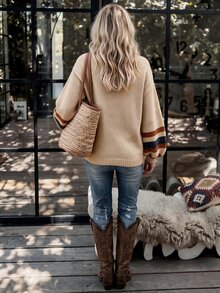 LanaWest Women's Western Casual Metal Zipper Sleeve Contrast Stripe Drop Shoulder Cardigan - Khaki - View 3