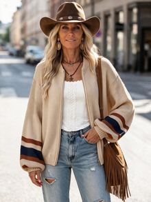LanaWest Women's Western Casual Metal Zipper Sleeve Contrast Stripe Drop Shoulder Cardigan - Khaki - View 4