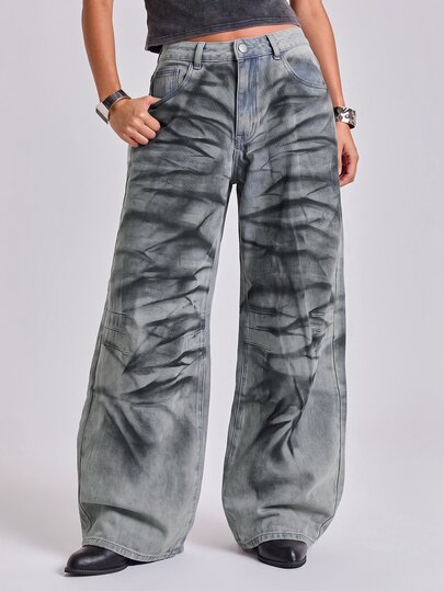 Y2K All-Season Street Casual Contrast Color Cat Whisker Distressed Loose Straight Leg Jeans