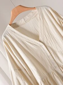 CosyJoli Plus Size Solid V-Neck Drop Shoulder Long Lantern Sleeve Casual Front Button Shirt Fall - Apricot - View 5