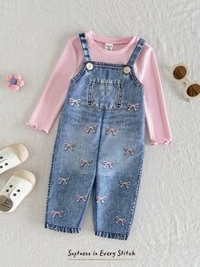 SHEIN Baby Girl Long Sleeve T-Shirt And Bow Embroidery Pattern Overalls Set - Pink - View 3
