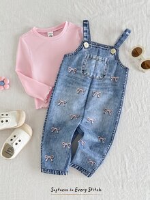 SHEIN Baby Girl Long Sleeve T-Shirt And Bow Embroidery Pattern Overalls Set - Pink - View 7