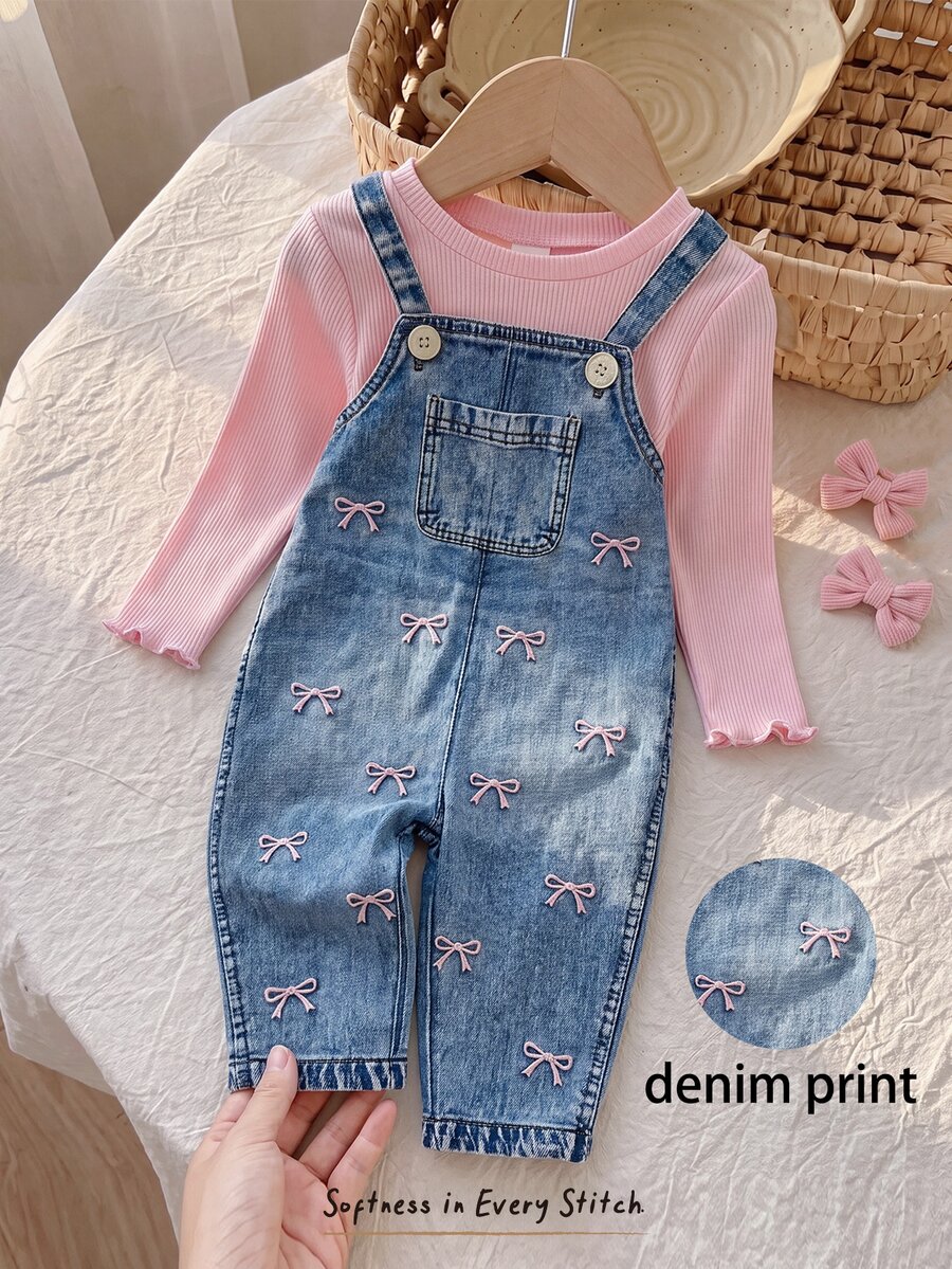 SHEIN Baby Girl Long Sleeve T-Shirt And Bow Embroidery Pattern Overalls Set - Pink - View 1