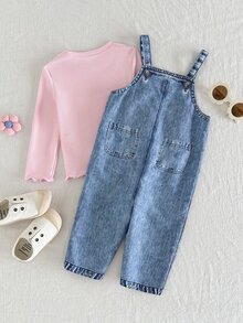 SHEIN Baby Girl Long Sleeve T-Shirt And Bow Embroidery Pattern Overalls Set - Pink - View 2