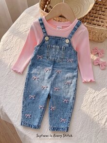 SHEIN Baby Girl Long Sleeve T-Shirt And Bow Embroidery Pattern Overalls Set - Pink - View 5