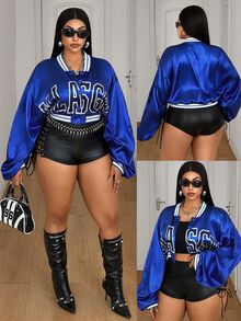 Maweii Plus Size Women's Sweet Cool Style Loose Short Blue Print Patchwork Ribbed Jacket - Blue - View 1