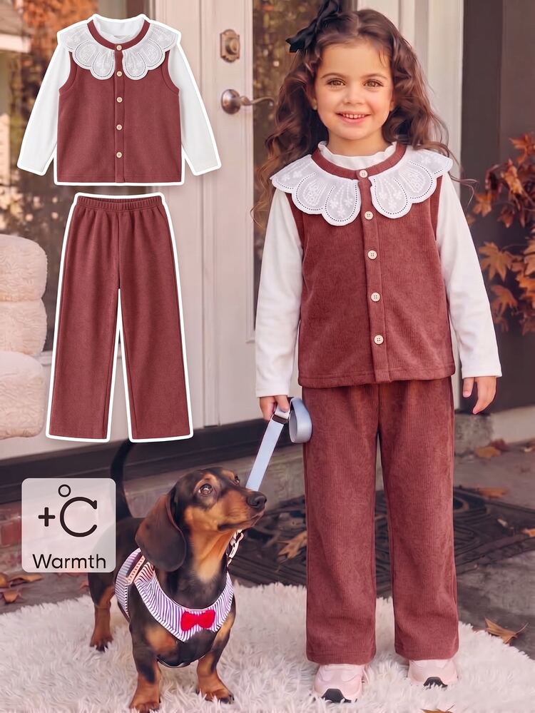 Genkimix Kids 3pcs Young Girl Ruffle Collar Fitted Solid Color Base Layer Top + Lace Collar Fashion Casual Front Button Vest Fashion Solid Color Straight Leg Pants - Burgundy - View 3