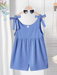 SHEIN Tween Girls' Blue Bow Strap Jumpsuit, Casual And Versatile For Daily Wear, Summer - Blue - View 1