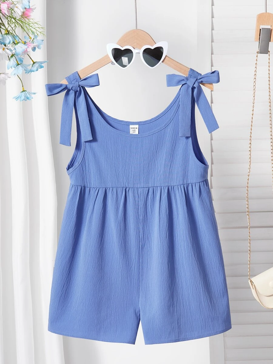SHEIN Tween Girls' Blue Bow Strap Jumpsuit, Casual And Versatile For Daily Wear, Summer - Blue - View 1