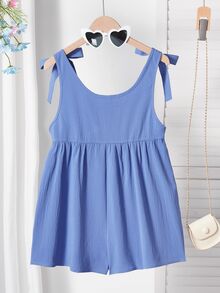 SHEIN Tween Girls' Blue Bow Strap Jumpsuit, Casual And Versatile For Daily Wear, Summer - Blue - View 2