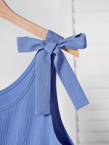SHEIN Tween Girls' Blue Bow Strap Jumpsuit, Casual And Versatile For Daily Wear, Summer - Blue - View 3