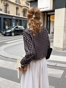 Serisse Women's Brown Plaid Casual Elegant Frog Button Contrast VersatileLong Sleeve Jacket Chinese Knot ButtonTeachers' Day Breakfast Lunch Date Dinnerautumn - Multicolor - View 2