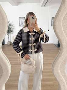 Serisse Women's Brown Plaid Casual Elegant Frog Button Contrast VersatileLong Sleeve Jacket Chinese Knot ButtonTeachers' Day Breakfast Lunch Date Dinnerautumn - Multicolor - View 8