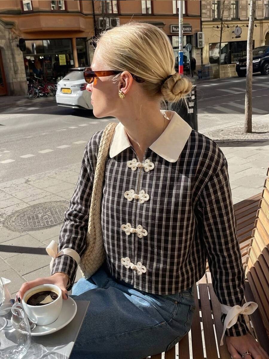 Serisse Women's Brown Plaid Casual Elegant Frog Button Contrast VersatileLong Sleeve Jacket Chinese Knot ButtonTeachers' Day Breakfast Lunch Date Dinnerautumn - Multicolor - View 1