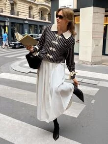 Serisse Women's Brown Plaid Casual Elegant Frog Button Contrast VersatileLong Sleeve Jacket Chinese Knot ButtonTeachers' Day Breakfast Lunch Date Dinnerautumn - Multicolor - View 4
