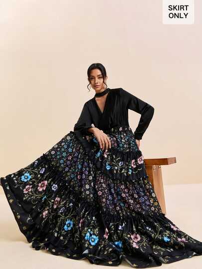 LOTSLUV Women's Elegant Boho Summer Occasion Date Night Party Black Floral Base With Floral Placement Print Chiffon Oversized Hem Skirt,Skirt For Women