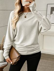 SHEIN LUNE 女款純色船領蝙蝠袖長袖休閒T恤 - 灰色 - 查看 1