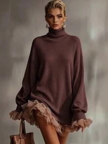 Glimmora فستان تريكو أساسي بطول متوسط بتصميم فريد، رمادي عتيق بياقة عالية ومضلع وموبرش بلون القهوة، فضفاض بأكمام طويلة وأكتاف منسدلة، مع حافة كشكشة من شبك وردي، خريف/شتاء 2026 - بني - مشاهدة 1