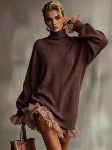 Glimmora فستان تريكو أساسي بطول متوسط بتصميم فريد، رمادي عتيق بياقة عالية ومضلع وموبرش بلون القهوة، فضفاض بأكمام طويلة وأكتاف منسدلة، مع حافة كشكشة من شبك وردي، خريف/شتاء 2026 - بني - مشاهدة 3