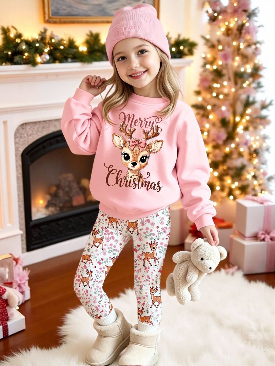 Setelan 2 Potong untuk Anak Perempuan Musim Gugur dan Musim Dingin: Sweatshirt Kerah Bulat Motif Rusa dan Huruf Lucu serta Legging Motif Bunga - MultiWarna - View 1