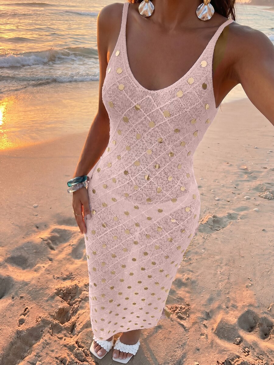 Nevyona Beach Vacation Hollow Crochet Sequin Decor Outer Layer Sun Protection Cami Knit Dress - Pink - View 1