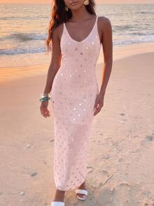 Nevyona Beach Vacation Hollow Crochet Sequin Decor Outer Layer Sun Protection Cami Knit Dress - Pink - View 4
