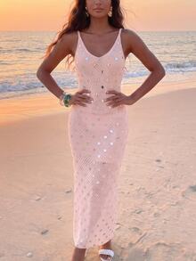 Nevyona Beach Vacation Hollow Crochet Sequin Decor Outer Layer Sun Protection Cami Knit Dress - Pink - View 5