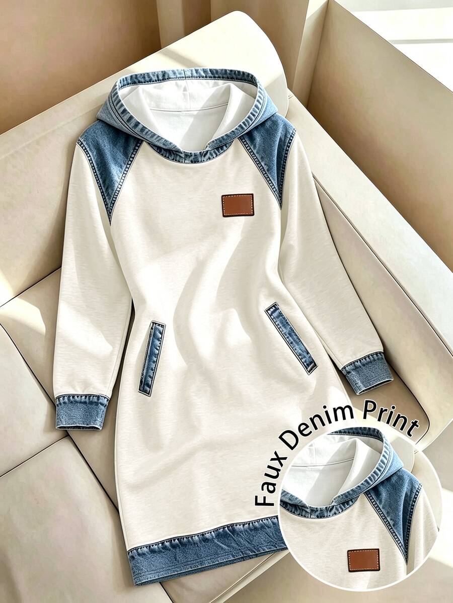 Selamara Women's Patchwork Denim Effect Print Casual Hooded Long Sleeve Dress - Multicolor - View 1