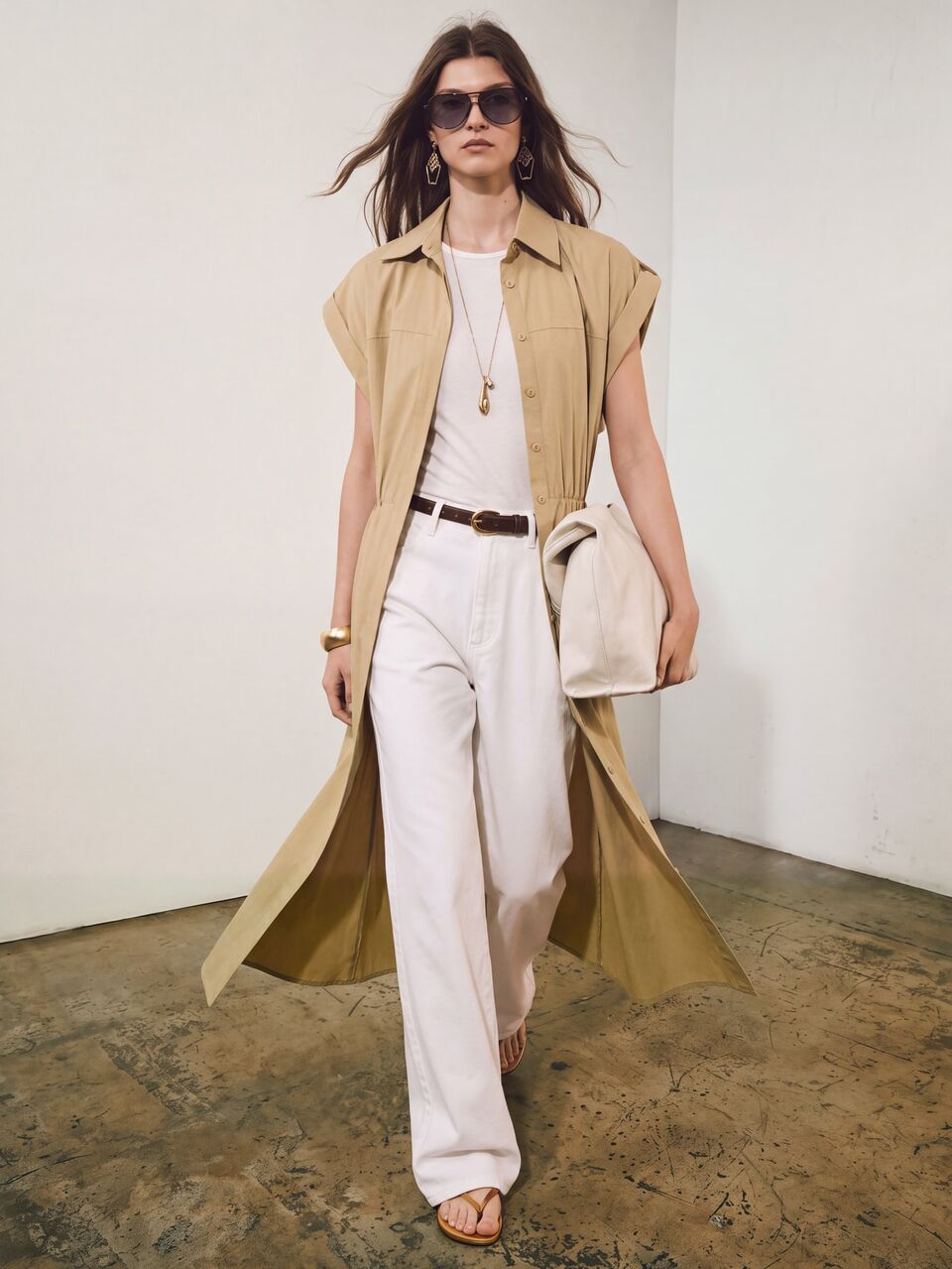 Anewsta New Early Autumn Cotton-Feel Light Khaki Cap Sleeve Shirt Dress, Urban Women's Lapel Half-Button Front With Matching Belt Waist, A-Line Ankle-Length Skirt, Suitable For Workplace Commute, Office, Shopping, Travel, Vacation, Dating, Light Business, Spring/Autumn Outfits