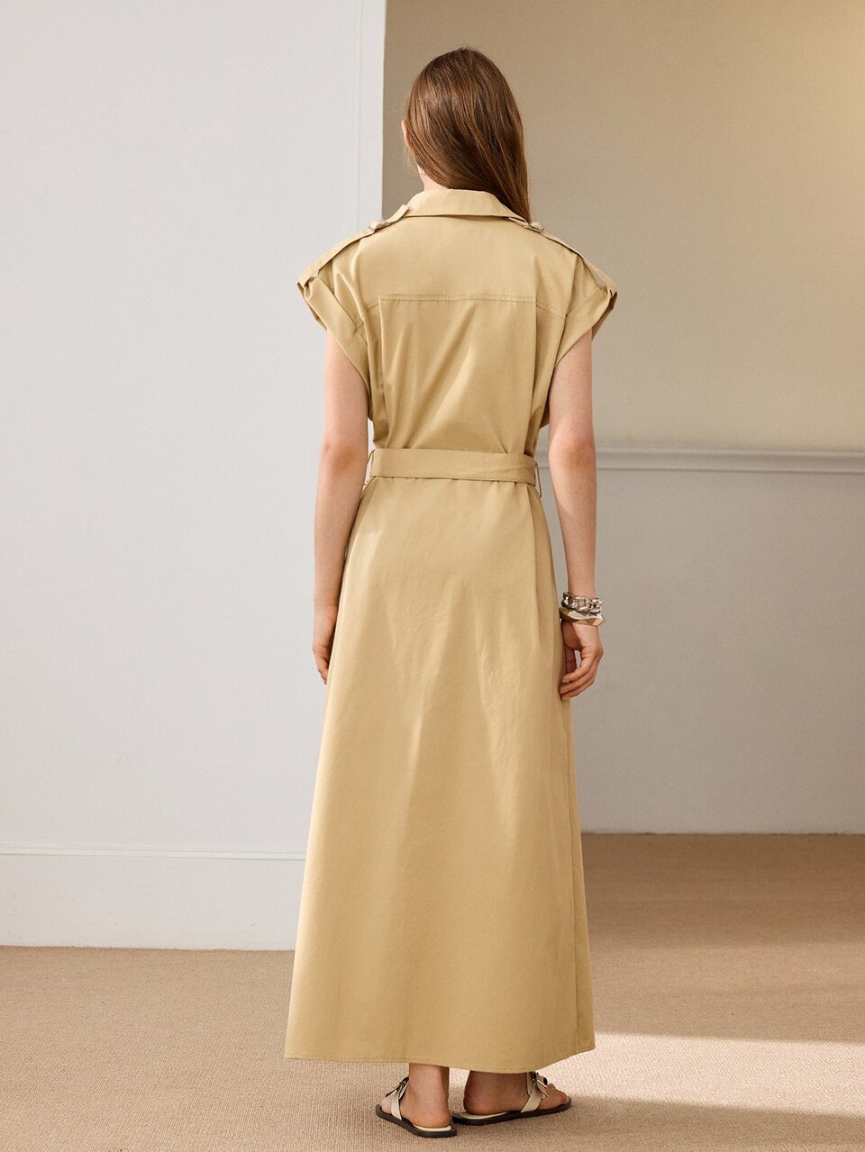 Anewsta New Early Autumn Cotton-Feel Light Khaki Cap Sleeve Shirt Dress, Urban Women's Lapel Half-Button Front With Matching Belt Waist, A-Line Ankle-Length Skirt, Suitable For Workplace Commute, Office, Shopping, Travel, Vacation, Dating, Light Business, Spring/Autumn Outfits