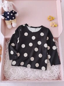 SHEIN 3件組女嬰T恤套裝 可愛甜美黑色奶油波點印花長袖圓領標準版 生日派對秋季萬聖節公主風漂亮 - 黑與白 - 查看 3