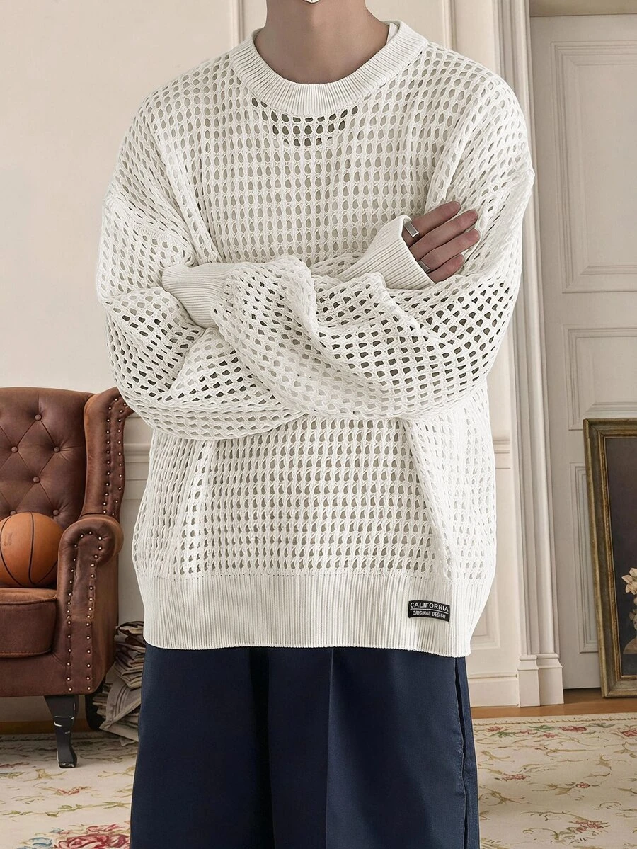 SWAVVY Men's Long Sleeve Crew Neck Letter Patchwork Hollow Out Sweater - White - View 1