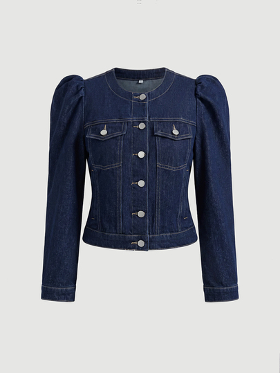 Sweetra Deep Navy Washed Petal Sleeve Cropped Denim Jacket, Round Collar, Single-Breasted, Flap Chest Pockets, Sweet Casual Versatile Short Denim Jacket