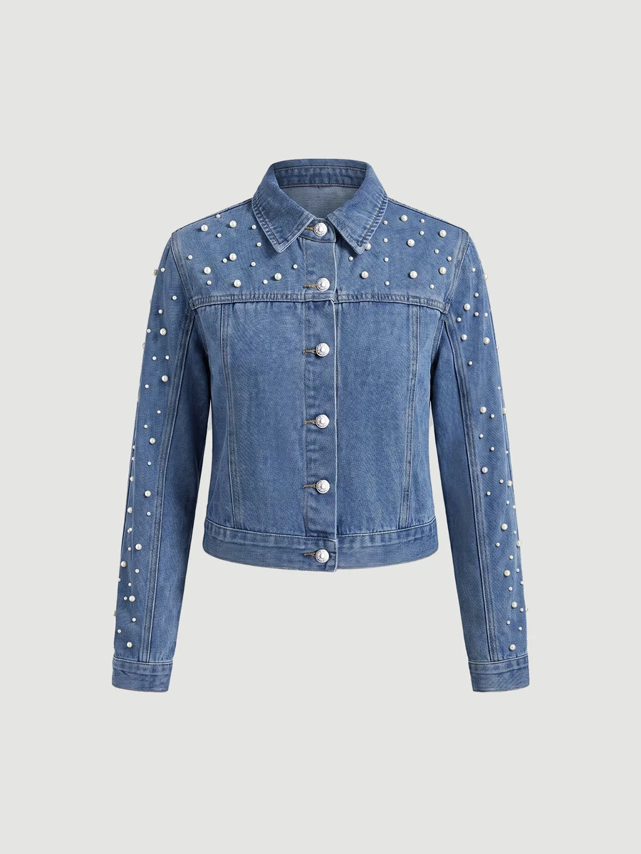 Sweetra Standard Size Vintage Light Blue Pearl Decor Denim Jacket, Turn-Down Collar, Dropped Shoulder, Loose Fit, Short Length, Casual Versatile Denim Jacket - Medium Wash - View 1
