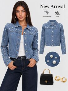 Sweetra Standard Size Vintage Light Blue Pearl Decor Denim Jacket, Turn-Down Collar, Dropped Shoulder, Loose Fit, Short Length, Casual Versatile Denim Jacket - Medium Wash - View 3