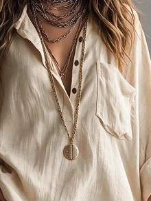 Glimmora Women's Vacation Casual Loose Comfortable Drop Shoulder Button Half-Open Front Top And Shorts Set - Apricot - View 4