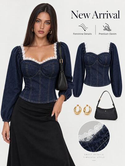 Sweetra Women's French Lace Trim Square Neck Denim Blouse With Boning Waist Cincher Petal Sleeve Strapless Long Sleeve Shirt