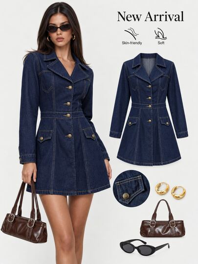 Sweetra Light Luxury Commuter Style Collared Waist Belt Cinched Denim Dress With Contrast Stitching Metal Buckle Long Sleeve A-Line Dress