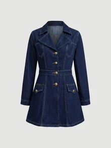Sweetra Light Luxury Commuter Style Collared Waist Belt Cinched Denim Dress With Contrast Stitching Metal Buckle Long Sleeve A-Line Dress - Dark Wash - View 1