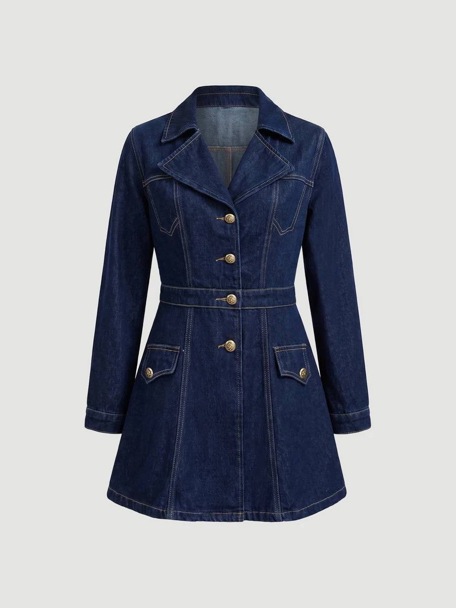Sweetra Light Luxury Commuter Style Collared Waist Belt Cinched Denim Dress With Contrast Stitching Metal Buckle Long Sleeve A-Line Dress - Dark Wash - View 1